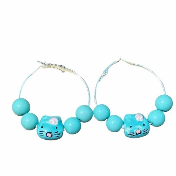 Cat Charm Beaded Hoop Earrings Silver Teal Beads - Picture 5 of 5